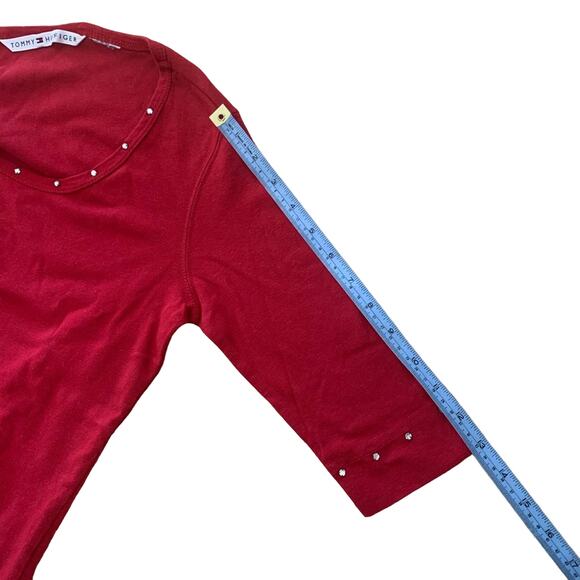 Tommy Hilfiger Tee Size M Vintage 90s y2k Red Cotton Rhinestone - Picture 10 of 10